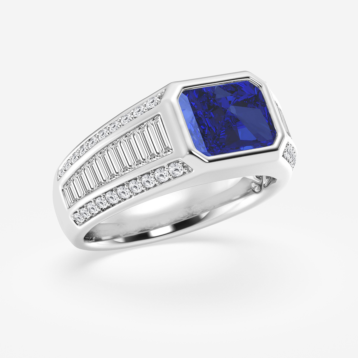 Additional Image 1 for  9x7 mm Emerald Cut Created Sapphire & 1 1/3 Baguette and Round Lab Grown Diamond Side Stones Engagement Ring